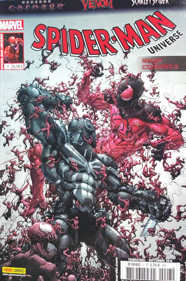 Couverture du comic-book Minimum Carnage.  On y voit Scarlet Spider et l'Agent Venom entrain de se battre avec des centaines de Carnage minuscules.