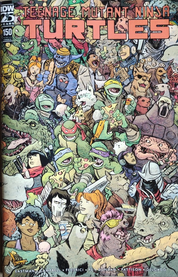 Couverture du comic-book Teenage Mutant Ninja Turtles #150. On y voit tous les personnages du comics sur la couverture, entrain de manger quelque chose.