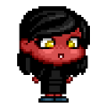 personnage en pixel art de style chibi à leffigie de Paprika. Elle a la peau rouge, les cheveux noirs et les yeux dorés. Elle porte également une robe-pull noire.