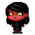 personnage en pixel art de style chibi à leffigie de Paprika. Elle a la peau rouge, les cheveux noirs et les yeux dorés. Elle porte également une robe-pull noire.