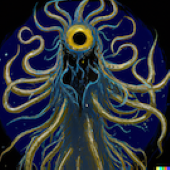 une créature ayant un seul énorme oeil jaune et pourvue de tentacules partout autour et l'ensemble donne l'impression d'une silhouette humanoïde et monstrueuse